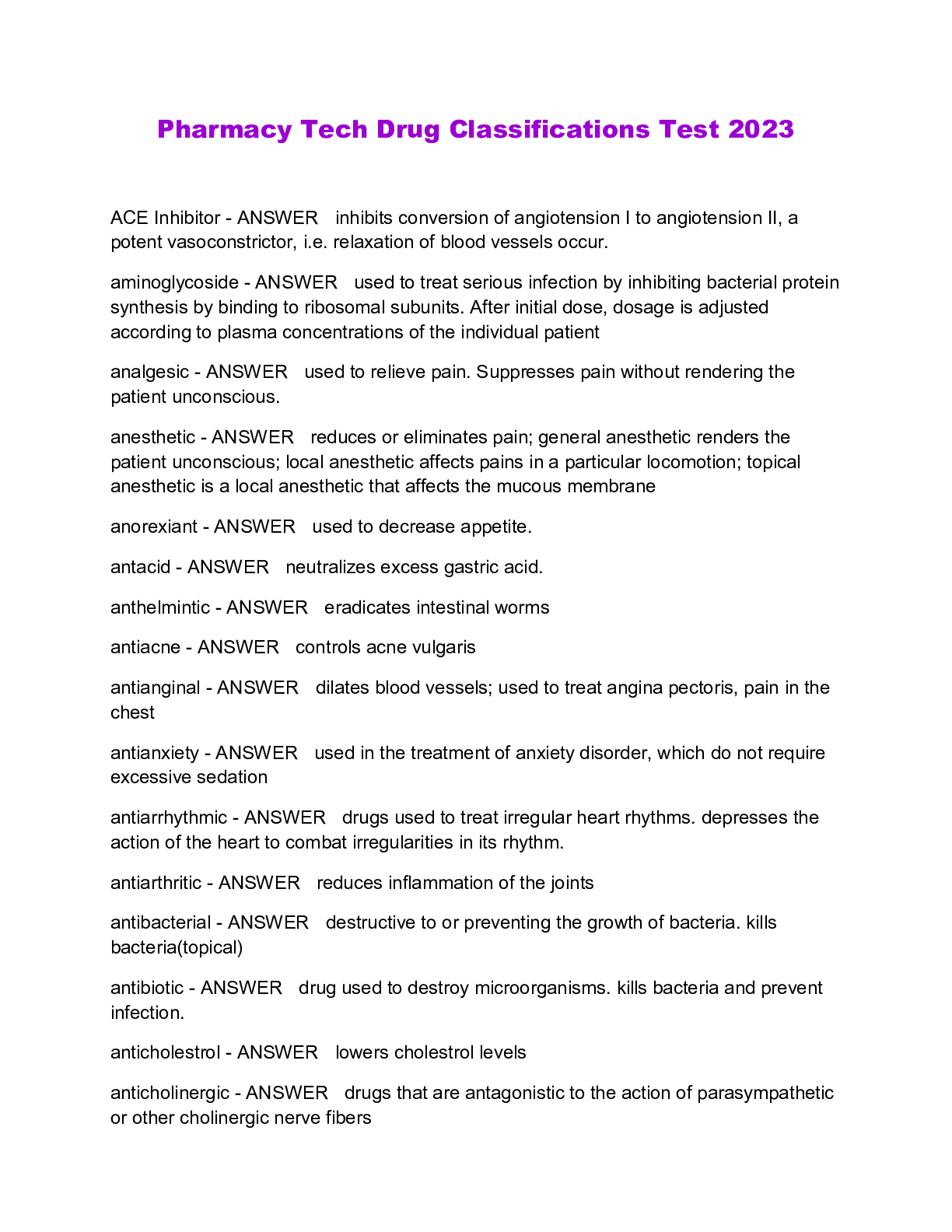 Pharmacy Tech Drug Classifications Test 2023 Browsegrades